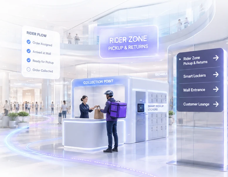 Future-ready mall delivery rider integration with rider zone, pickup and smart lockers